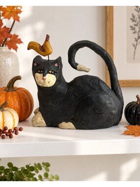 Vintage ERS Folk Art Black Cat Bird Sculpture Signed 7.5" Whimsical Composite